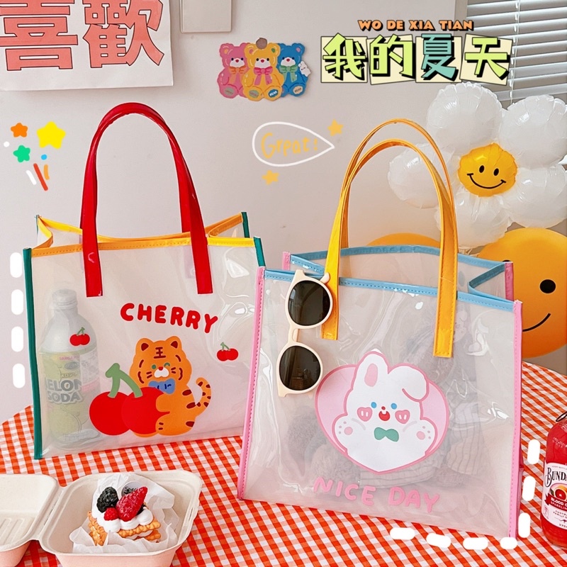 TAS TOTE BAG LUCU TAS WANITA MIKA TRANSPARAN / TAS KOREA MOTIF BERUANG / TAS LAPTOP/ TAS DOKUMEN/ TOTE BAG PREMIUM / TAS JINJING