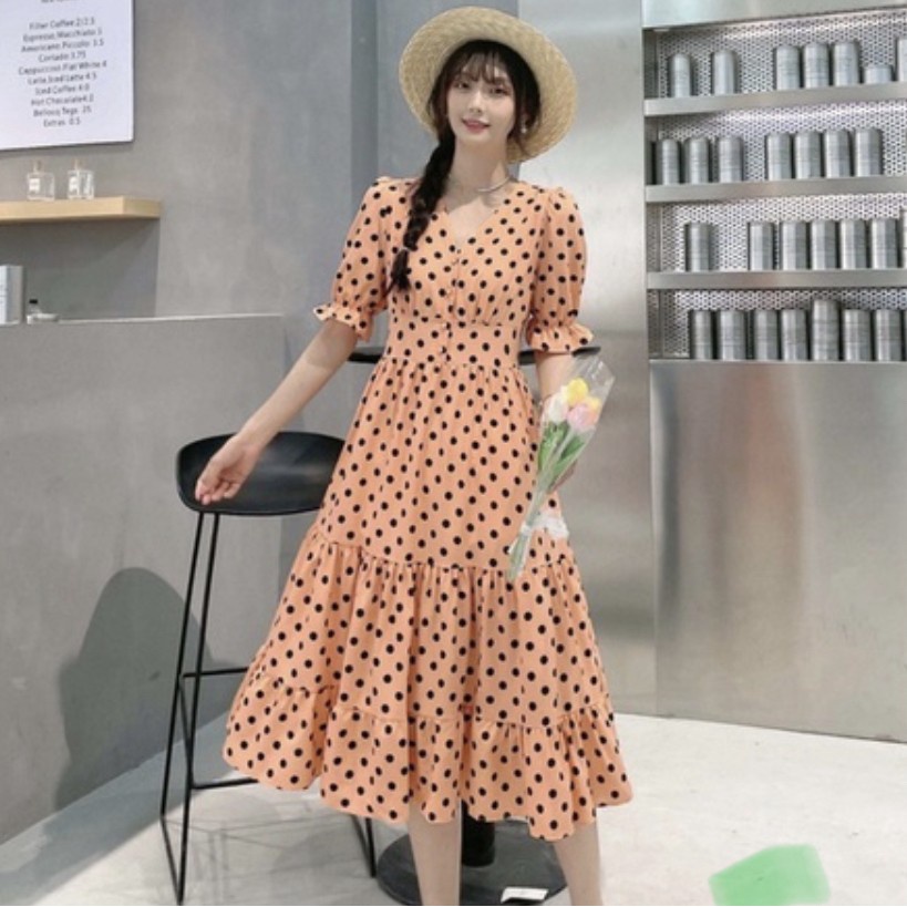 OFFICE STYLE MIDI POLKADOT POLYESTER PREMIUM DRESS KOREAN STYLE KARET