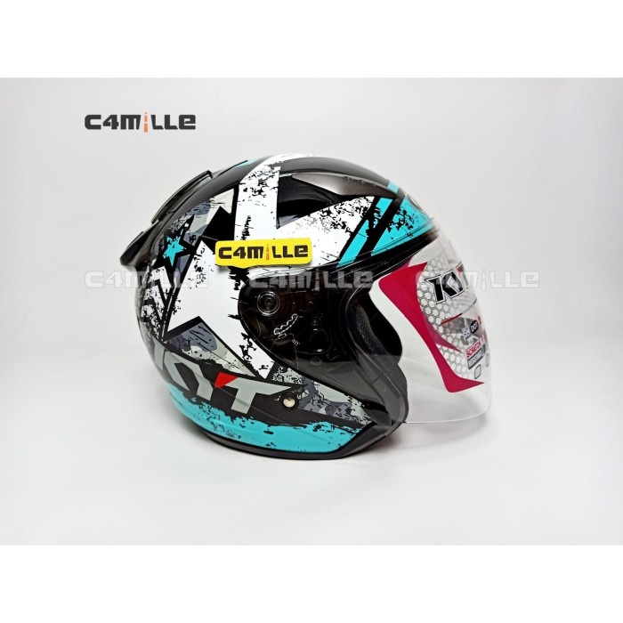 HELM KYT GALAXY SLIDE #5 BLACK AQUA BLUE DOUBLE VISOR HALF FACE