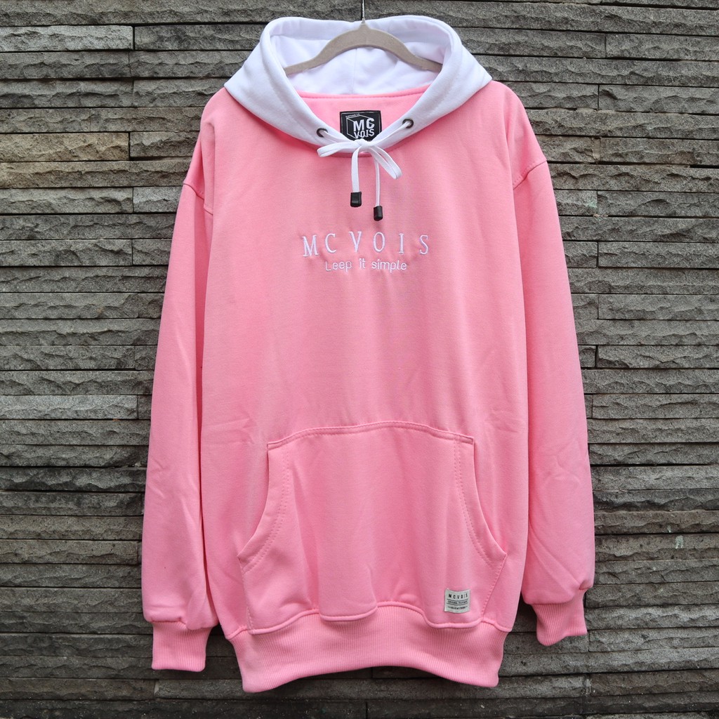 Mcvois Sweater Hoodie Kombinasi Pink Topi Putih Premium Distro