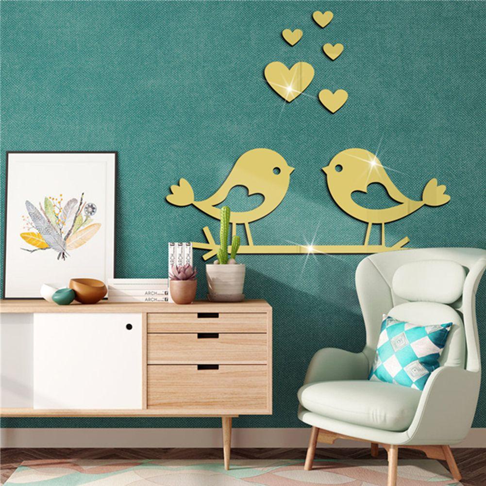 TOP Cabang Burung Cermin Stiker Dinding 3D Nordic Mini Sticker Cermin Couple Bird Love DIY Dekorasi Dinding Akrilik