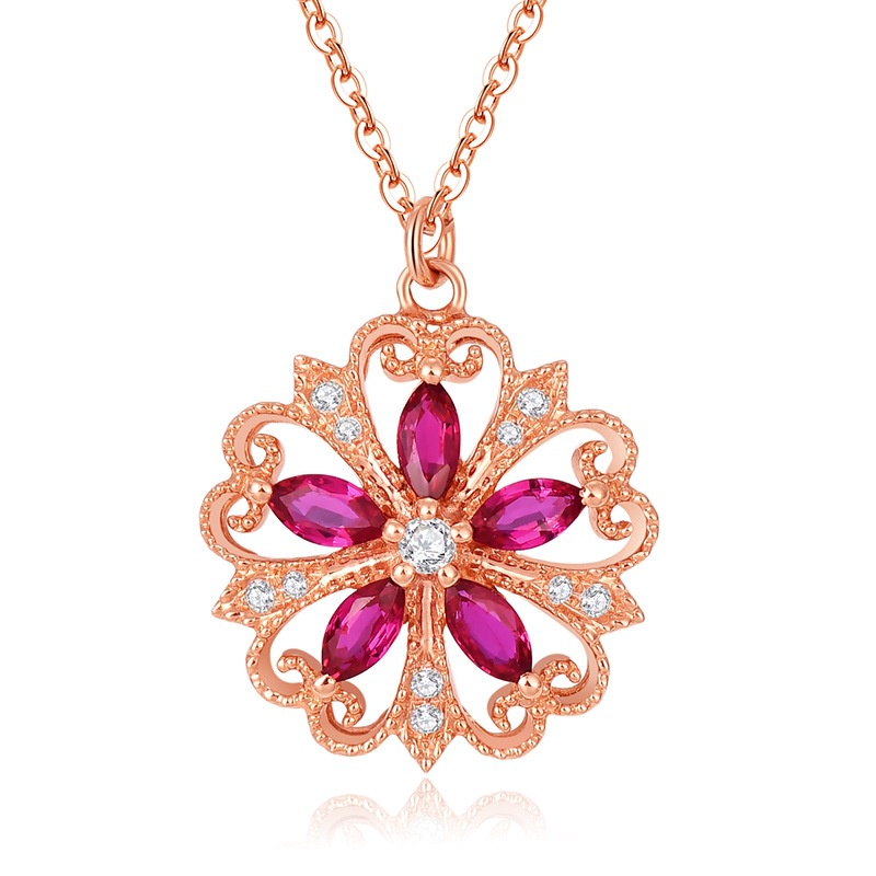 [Ready Stock]Fashion Luxurious Color Gemstone Flower Pendant Rose Gold Necklace