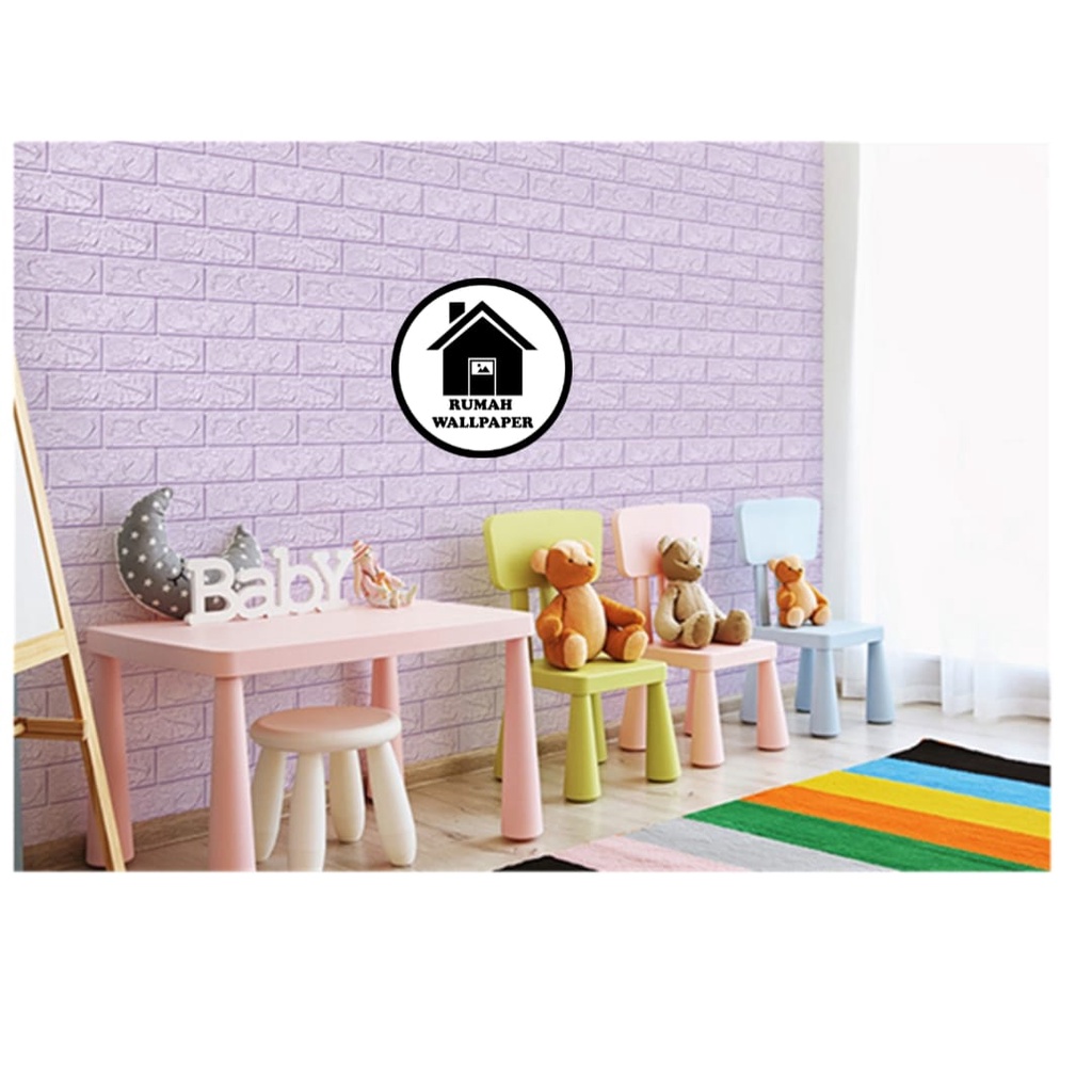 RW Wallpaper Foam Ungu Muda Bata 3D Bata Warna Ungu Muda Premium Wall Paper Sticker Tebal 3MM