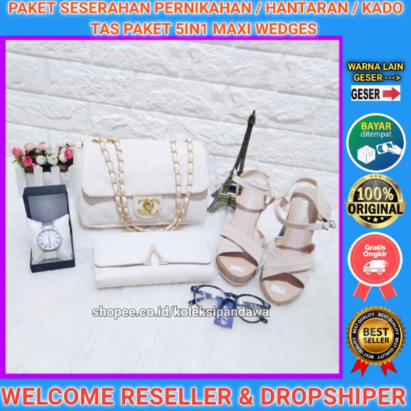 TAS PAKET SANDAL WEDGES WANITA PAKET SESERAHAN PERNIKAHAN JAM TANGAN DOMPET SENDAL WEDGES KACAMATA