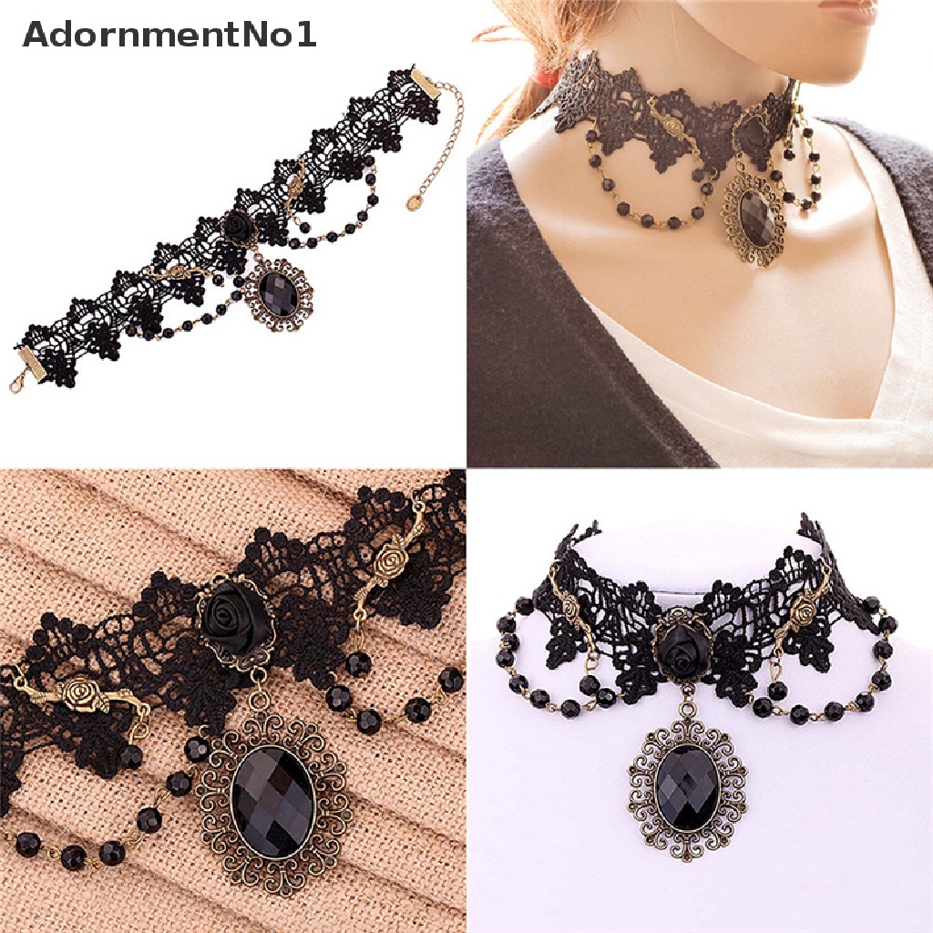 (AdornmentNo1) Kalung Choker Lace Bunga Mawar Hitam Gaya Gothic Untuk Wanita