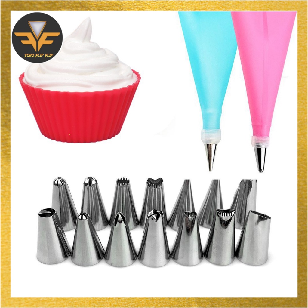 Icing Piping Bag Silikon Set Cake Decorating Cookie + Spuit 16 IN 1 / SPUIT DEKORASI KUE CHEF PASTRY