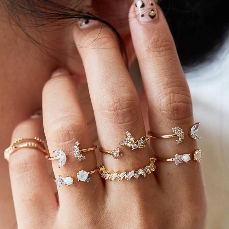 [7Pcs Set Fashion Vintage Geometric Crystal Flower Butterfly Adjustable Open Rings For Women] [ Elegant Ladies Smooth Fine Thin Finger Ring] [Lovely Jewelry Gifts For Girl Friends]