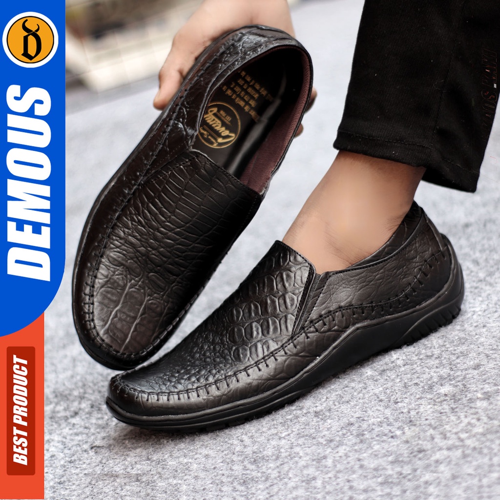 Sepatu Slip On Pria Sepatu Casual Pria Formal Kulit Asli Sepatu Pantofel Kerja Kantor Kuliah Kondangan Sepatu Slop Pria Sepatu Hitam Pria DEMOUS CROCO