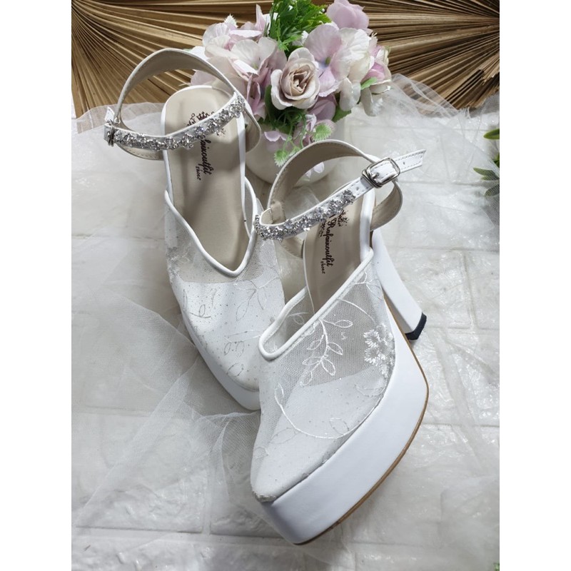 sepatu alummi diamont crystal 9cm hak tahu putih