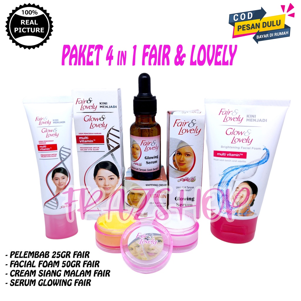 Paket Glowing Fair & Lovely ( Facial Foam - Pelembab - Cream Siang Dan Malam- Serum Fair & Lovely )