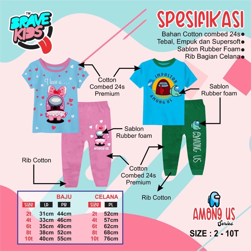 Setelan Anak Brave Kids Anak Laki Laki Perempuan - Set Celana Panjang Lengan Pendek - Pajamas Cewek Cowok - Baju Tidur Usia 2 4 6 8 10 Tahun