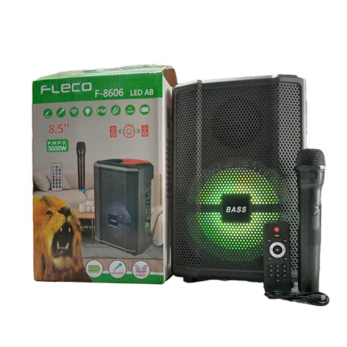 Speaker Bluetooth Karaoke Super Bass Fleco F 8606 LED AB Free Microphone Wireless
