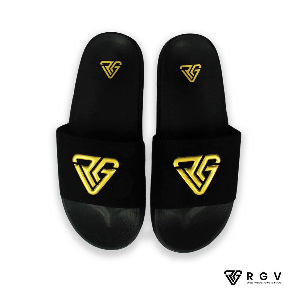 RGV - SANDAL PRIA DAN WANITA SLIDE SLIP ON SENDAL ANTI LICIN RINGAN SELOP BLACK LOGO GOLD