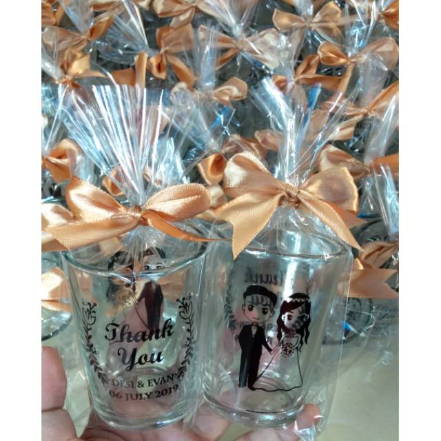 Souvenir pernikahan Gelas sloki sablon custom kemas plastik