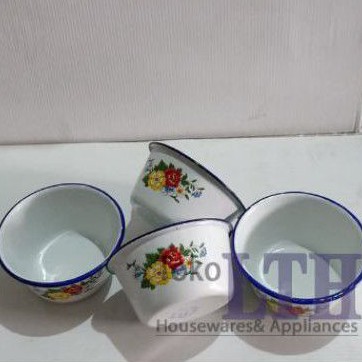 MANGKOK TINGGI JADUL 15 CM BASKOM KOBOKAN SENG ENAMEL KALENG MOTIF KEMBANG RRT 15CM MANGKUK 14 JARI