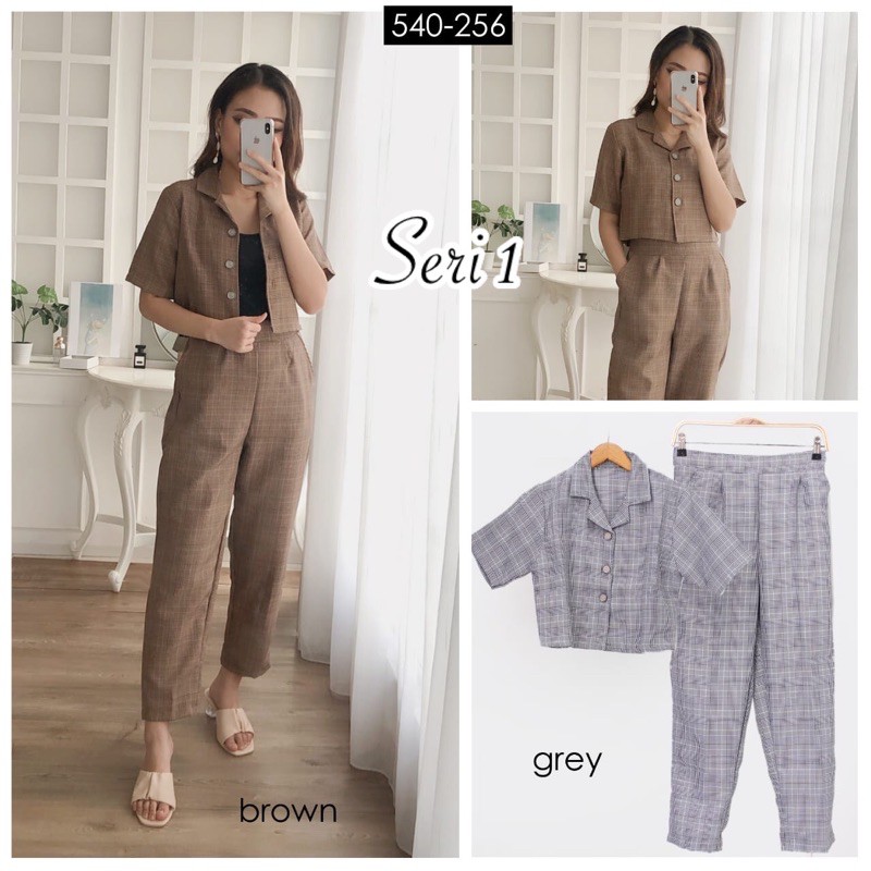 EFRIE SET | FASHION WANITA | SETELAN ATASAN CELANA PANJANG | SETELAN KOTAK | PLAID SET-1