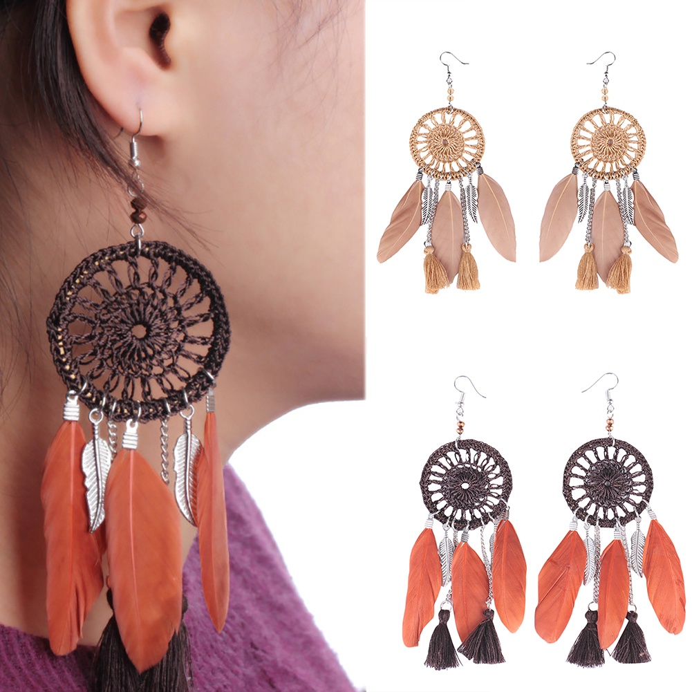 Hu Hu Hu Hu Hu Alat Bantu Pasang Kacamata♡ Anting Kait Gantung Panjang Wanita Desain Dream Catcher Etnik Hias Rumbai