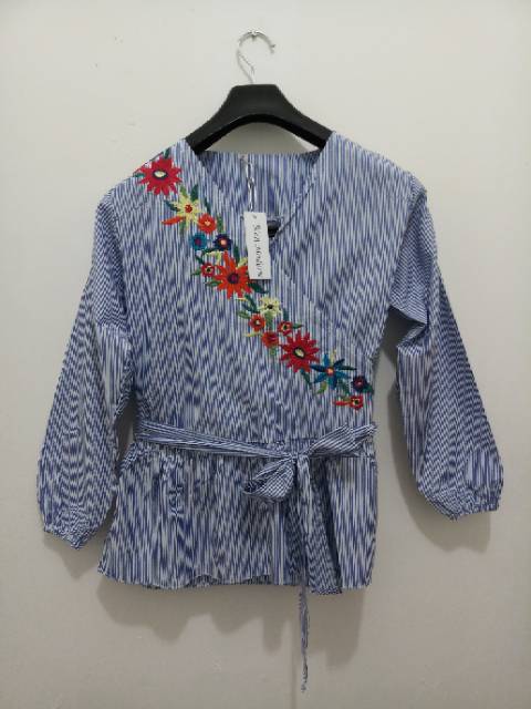 Blouse wanita Kimono bahan katun kotak / garis bordir dada ada tali pinggang Ken-326