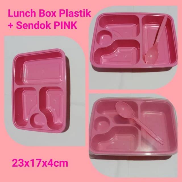 (ISI 25PCS) Bento+Sendok Plastik Tebal PINK/Lunch Box plastik/Kotak Makan