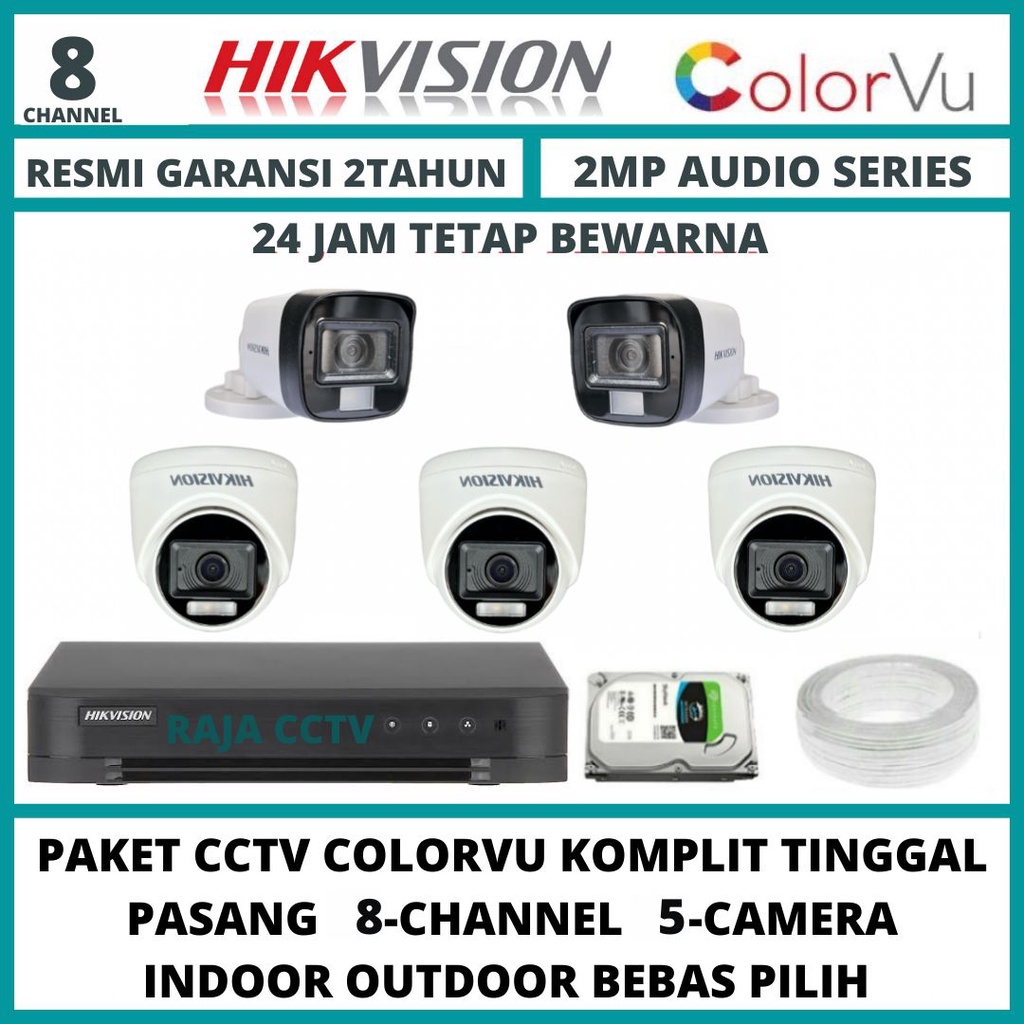 PAKET CCTV HIKVISION 2MP COLORVU 8 CHANNEL 5 CAMERA TURBO HD KAMERA CCTV COLORFUL