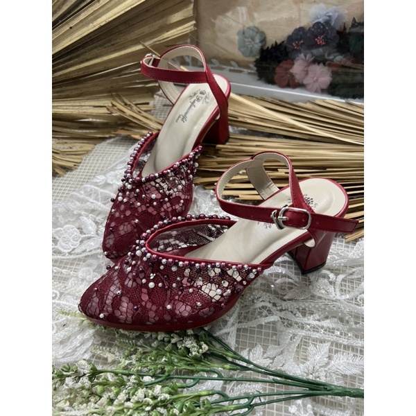 sepatu Rafaizoutfit merah marron sepatu wanita alummi payet tali tinggi 7cm tahu