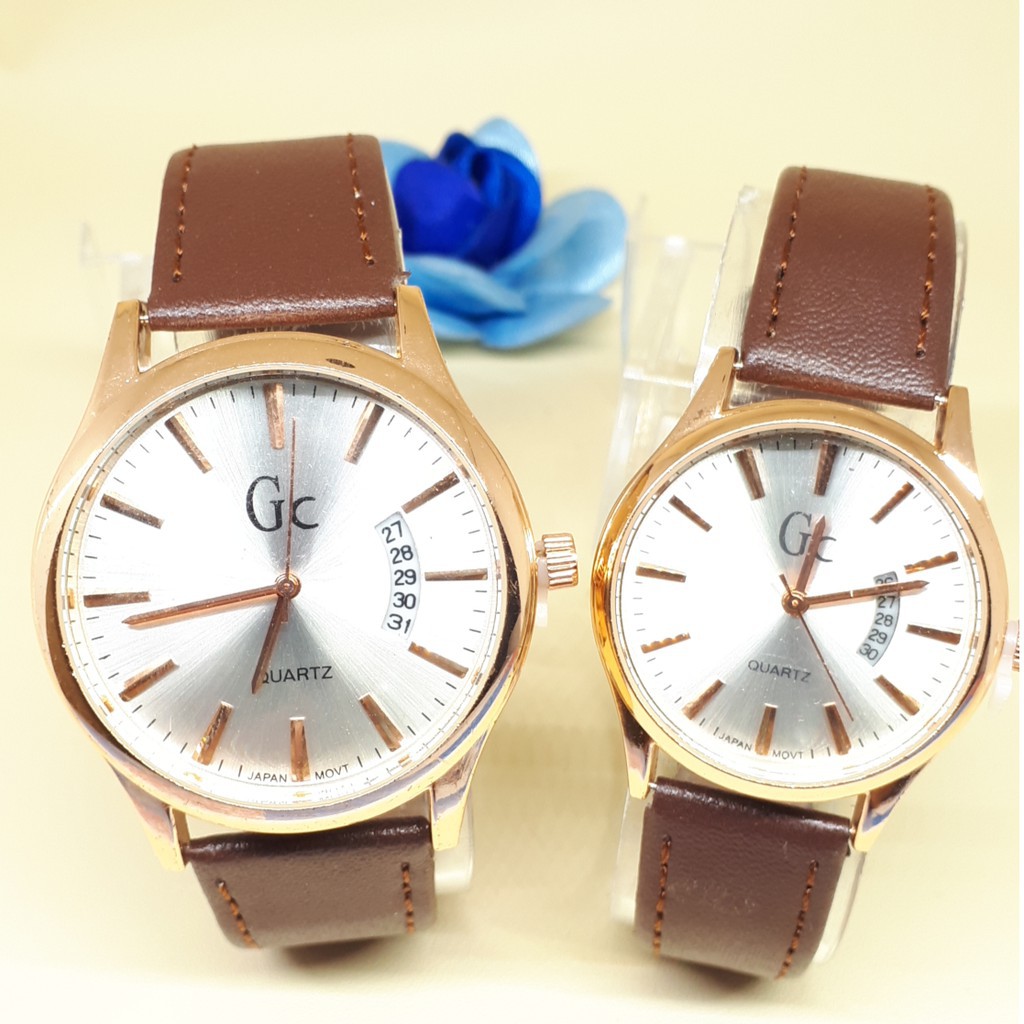 JAM TANGAN COUPLE GC TANGGAL SAMPING KULIT COKLAT TUA GC004