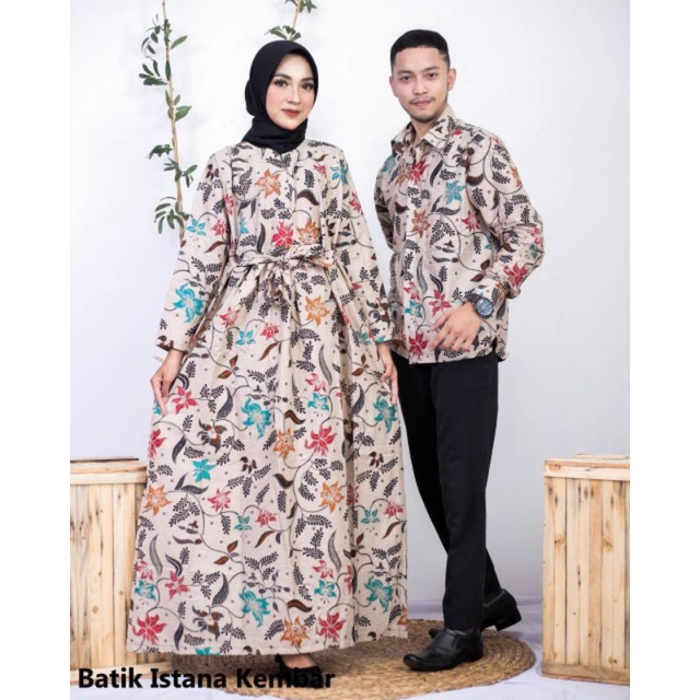 Batik Couple Keluarga Modern Motif Bunga Teratai Abu Gamis Set Sarimbit Batik