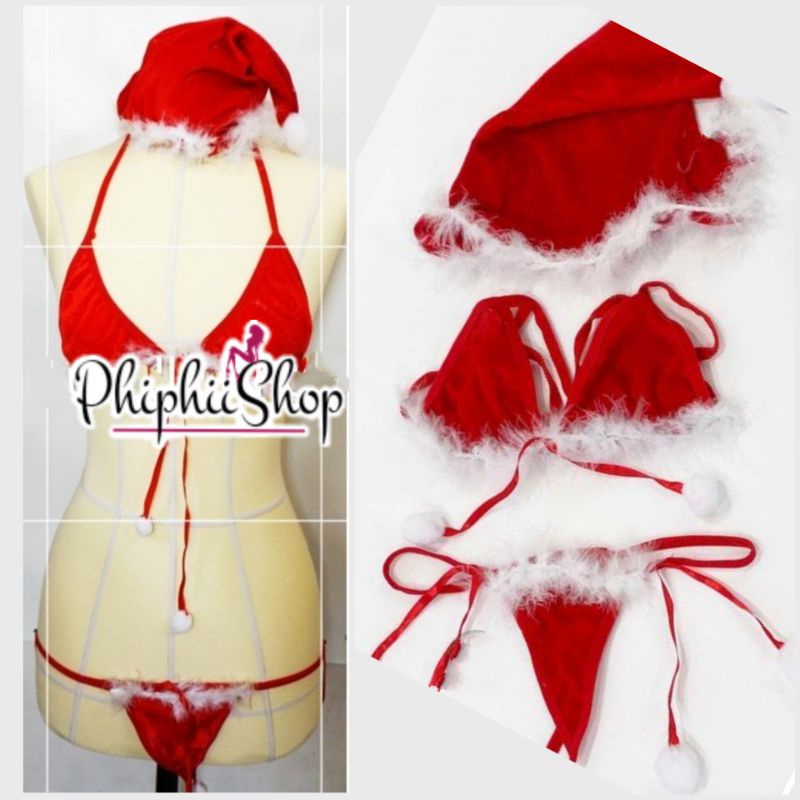 Sexy Christmas Bikini Set Topi Santa Natal Bra G string Kostum Lingerie