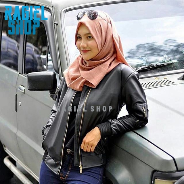 Jaket Kulit Sintetis Wanita Pria Hitam Bomber Karet Rubber Furing Adem Resleting Zipper Boxy Mafia