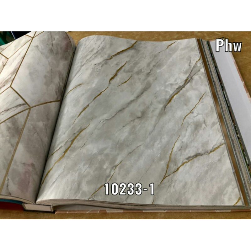 Wallpaper Dinding Korea Motif Marmer List Gold Silver Natural 3D Square