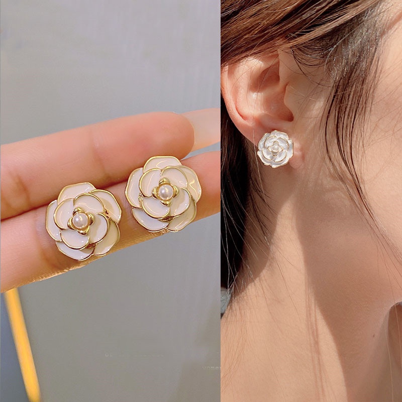 Anting Tusuk Motif Bunga Mawar Putih Bahan Lapis Silver 925 Untuk Wanita