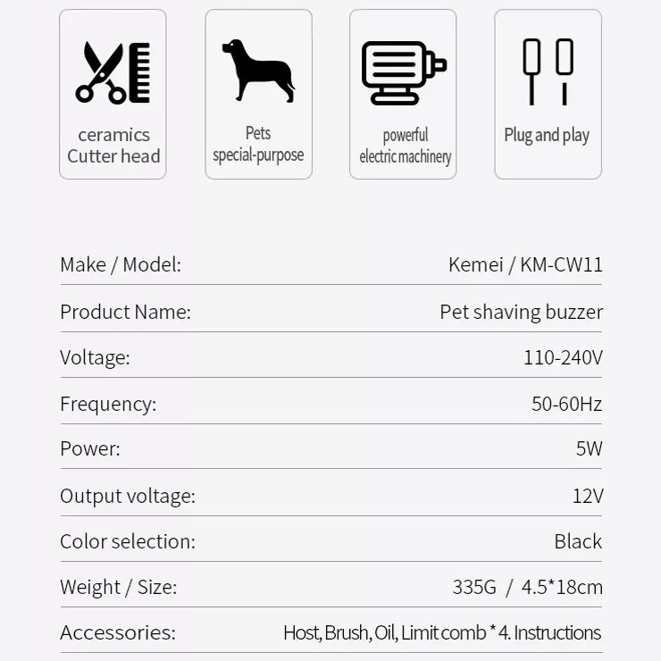 KEMEI CW11 Pet Clipper Listrik Alat Cukur Potong Bulu Hewan Anjing Kucing Kelinci KM CW11 KMCW11