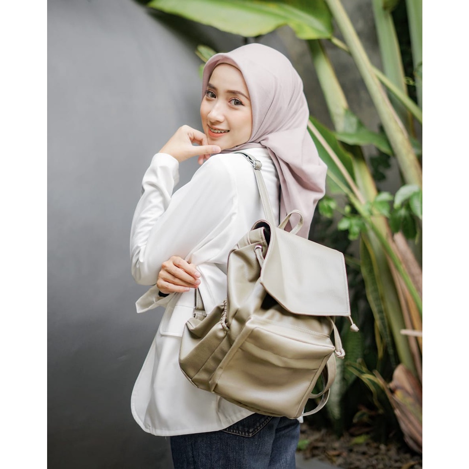 TAS RANSEL KULIT WANITA PHILO OLIVE GREY // taskanvasbdg - Tas Ransel Gendong Wanita / Backpack Ransel Sekolah Kulit Sintetis /  Tas Punggung Cewek Murah Bandung / COD