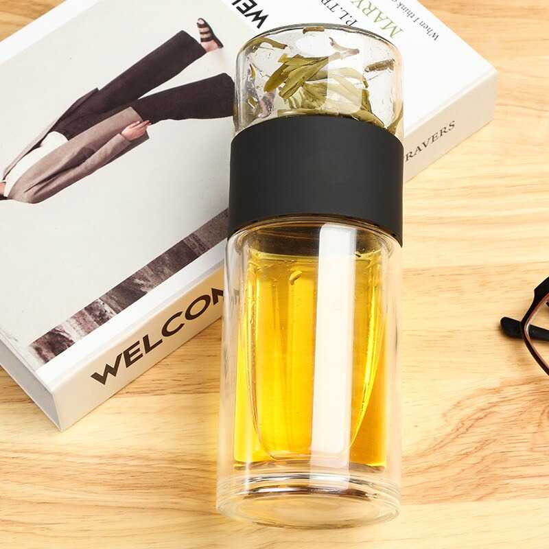 One Two Cups Botol Minum Penyaring Teh Double Wall 230ml / Botol Minum Infuser Double Wall Tumbler Teapot Teh Saringan Bahan Kaca Portable / Teapot Infuser Tumbler Pemisah Teh Anti Bocor Tetes Anti Panas Berkualitas / Infuser Tea Bottle Murah Original