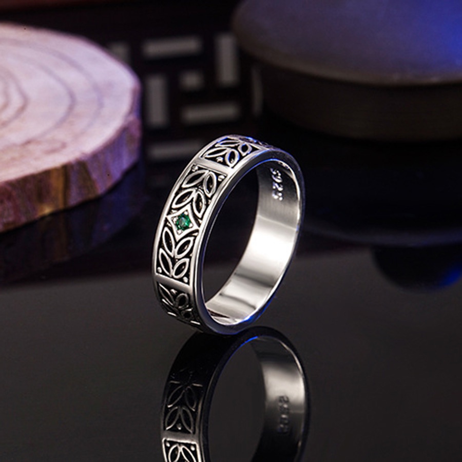 Perak Antik Zamrud Cincin Berlian Baja Titanium Pola Daun Fashion Pria Punk Band Rings