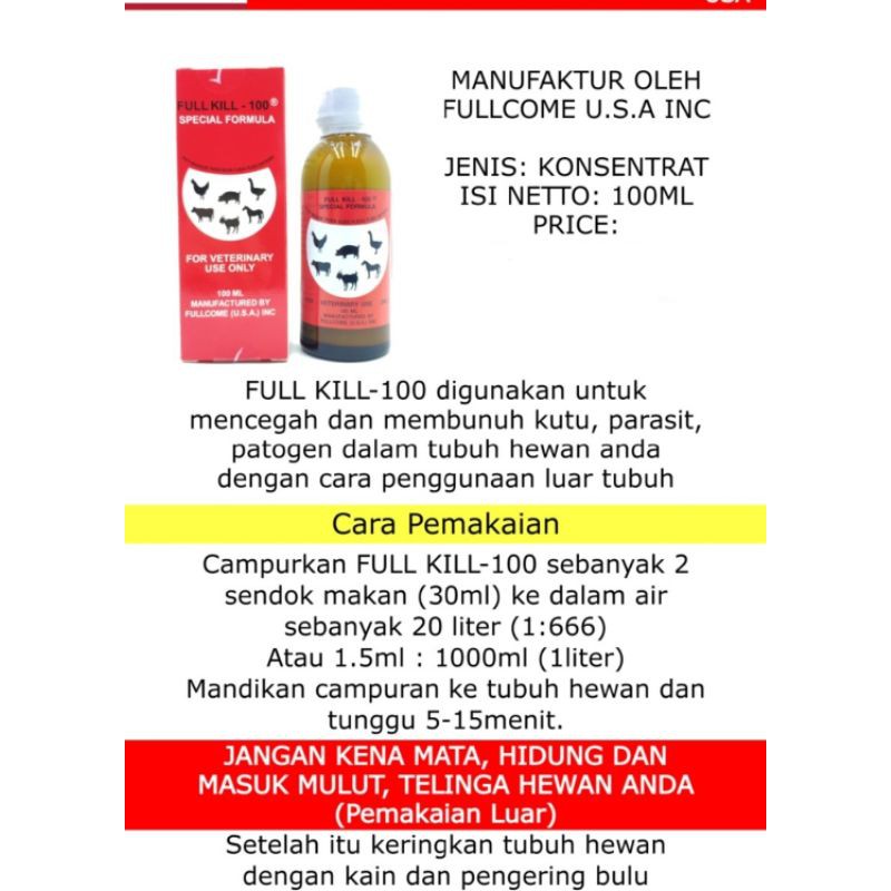 FULL KILL -100Ml | Konsentrat Obat Kutu Premium | Pembunuh Patogen Kulit Hewan