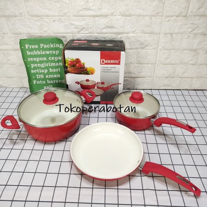 Panci set Ceramic Dessini 3in1Frypan Penggorenganwajan anti lengket  Merah