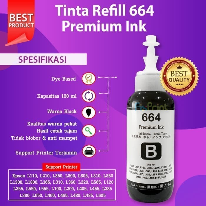 Tinta Botol Epson 664 Refill 100ml Printer L120 L210 L360 L565 L550