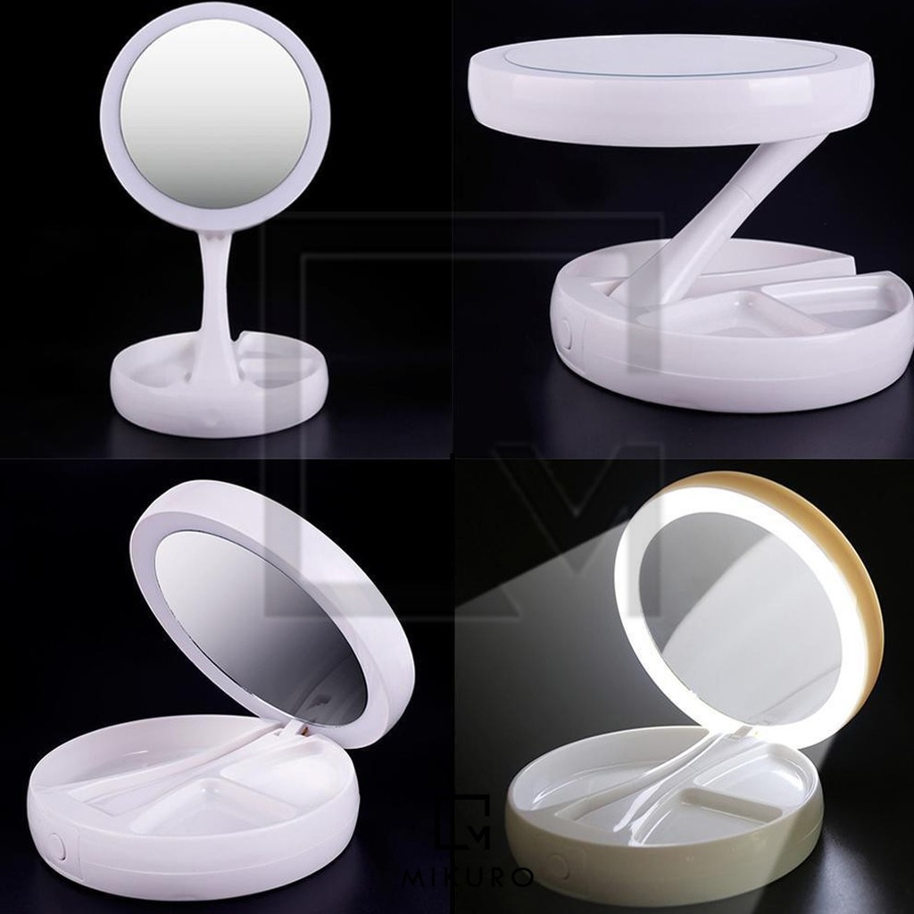 [COD] CERMIN LAMPU LED LIPAT Mirror Portable Kaca Rias Dua Sisi Usb Baterai Makeup Kosmetik