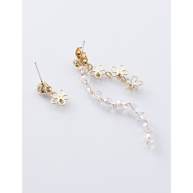 LRC Anting Tusuk Fashion Gold Silver Alloy Openwork Flower Crystal Beaded Asymmetric Tassel Earring