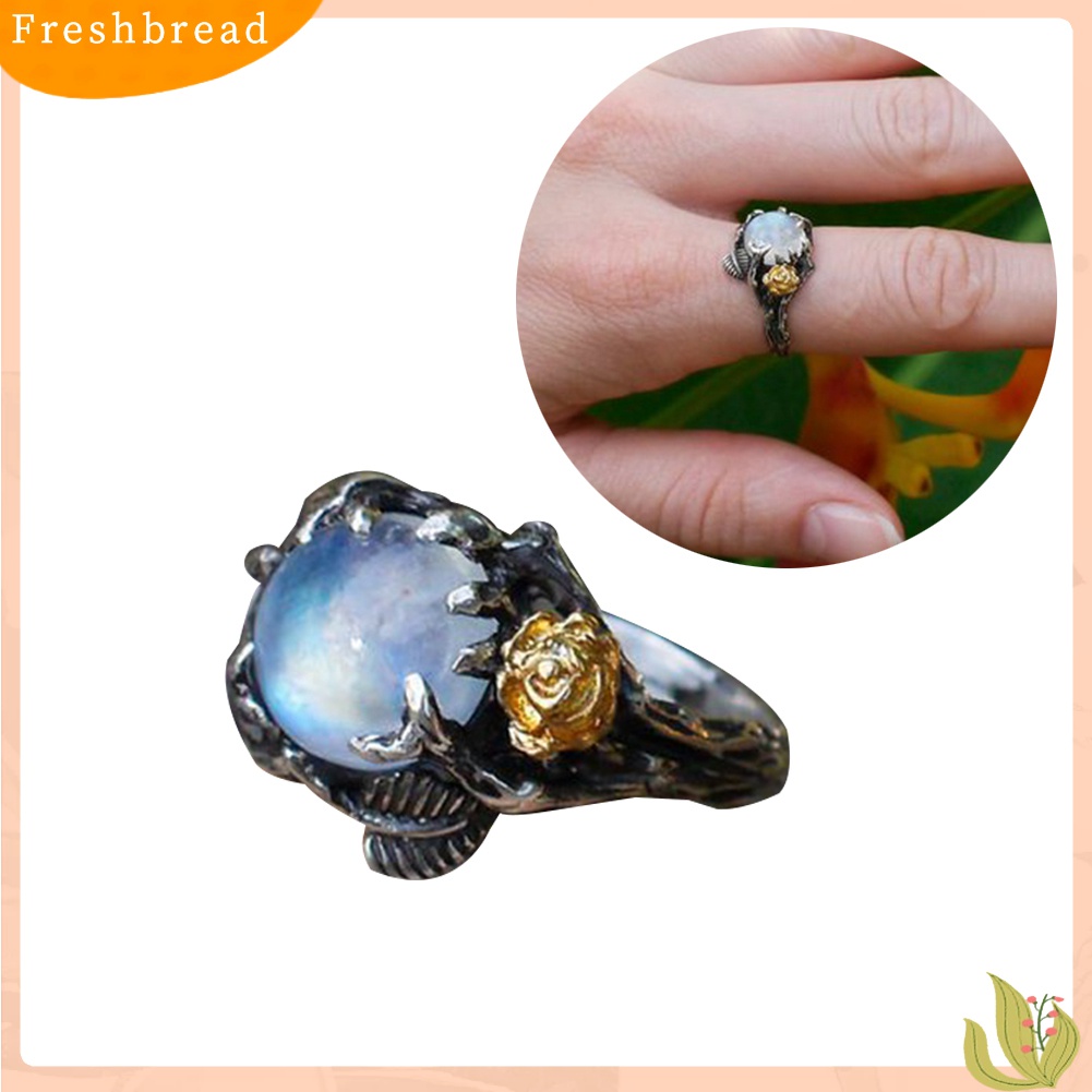 Fresh| Cincin Wanita Desain Bunga Mawardaun Hias Moonstone Imitasi Bentuk Bulat Gaya Vintage Untuk Pesta