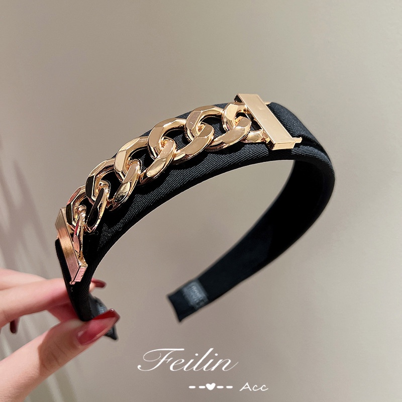 Caliloops Caine Bando Korea Wanita Bandana Rantai Gold Polos Pesta