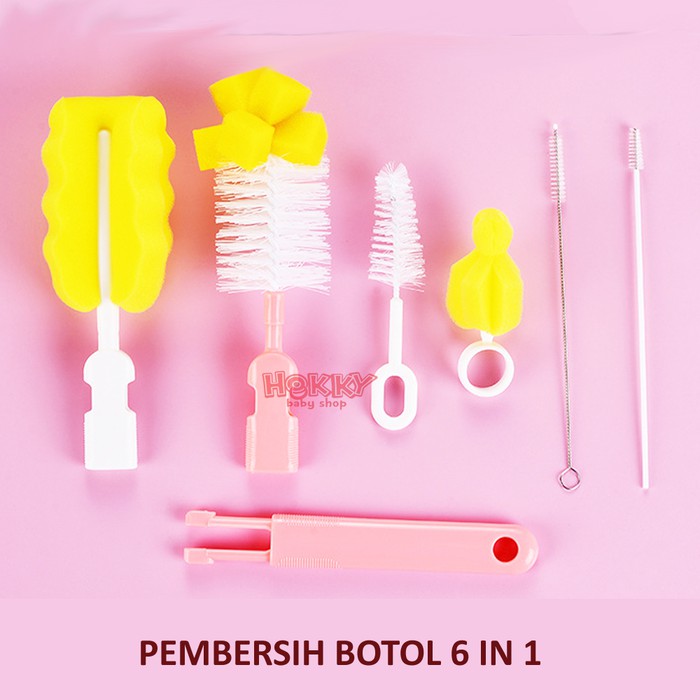 HK Sikat Sponge Pembersih Dot Botol Susu Bayi dan Gelas 6 in 1 / sikat sponge 2 in 1