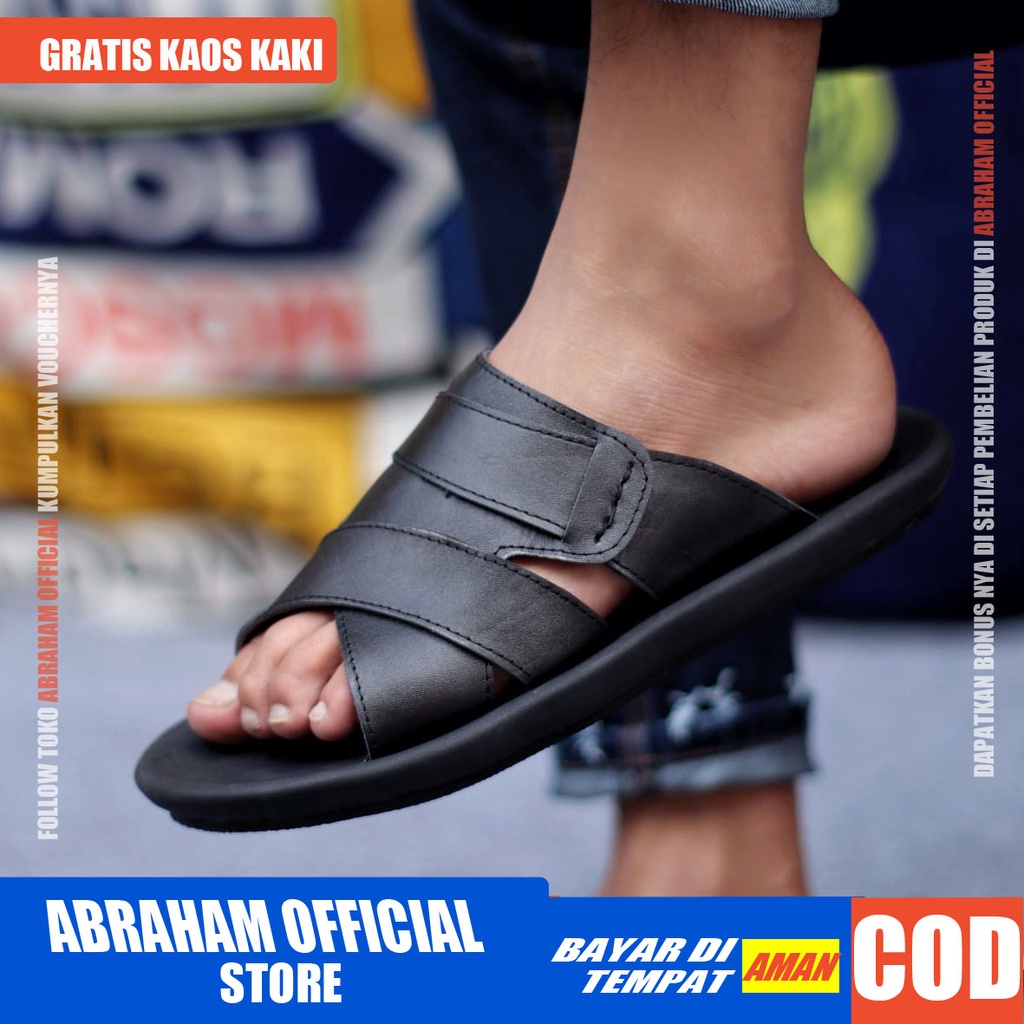 ABRHM X EXO Sandal Slide Pria Kulit Asli Sandal Slop Pria Keren Sandal Selop Cowok Cowo Kekinian Ori