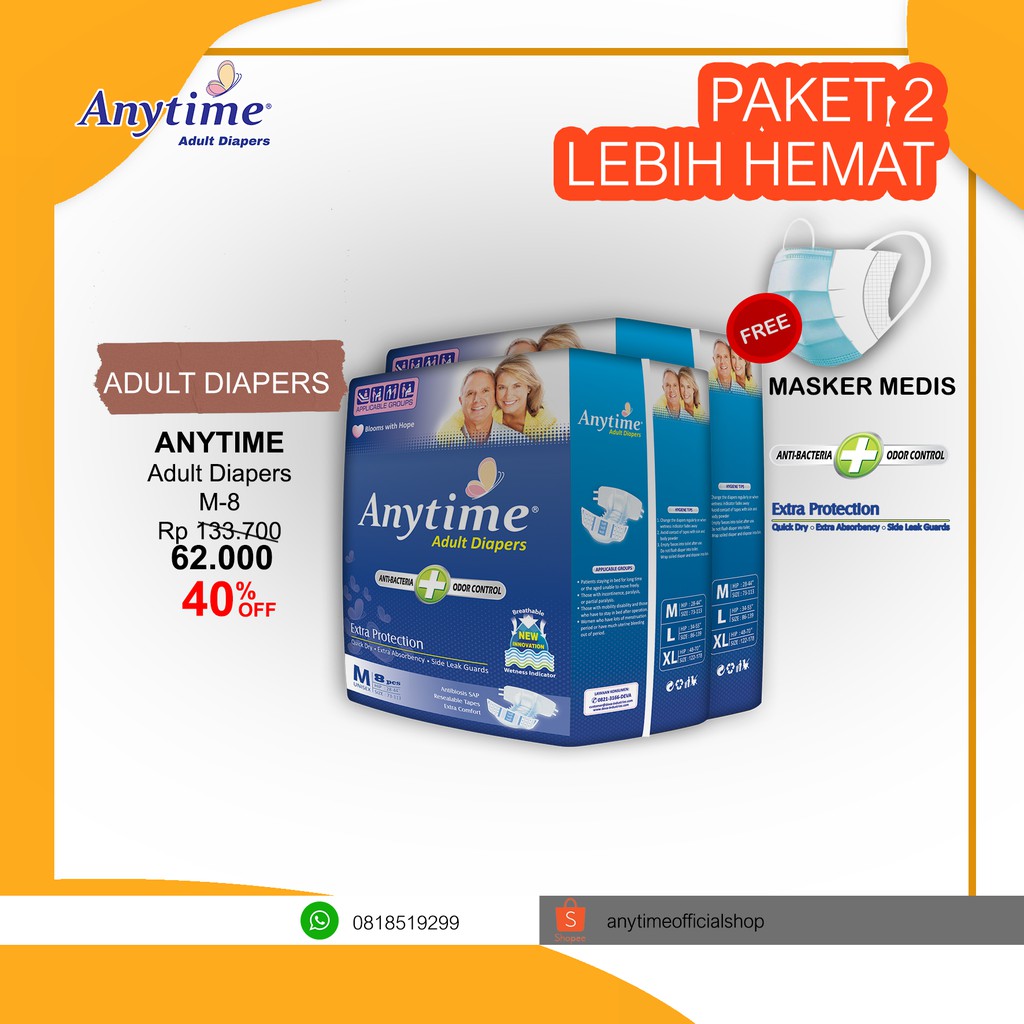 

Anytime Popok Dewasa / Adult Diapers Size M8 - We Care With Confidence And Lifree - Paket 2 Bags