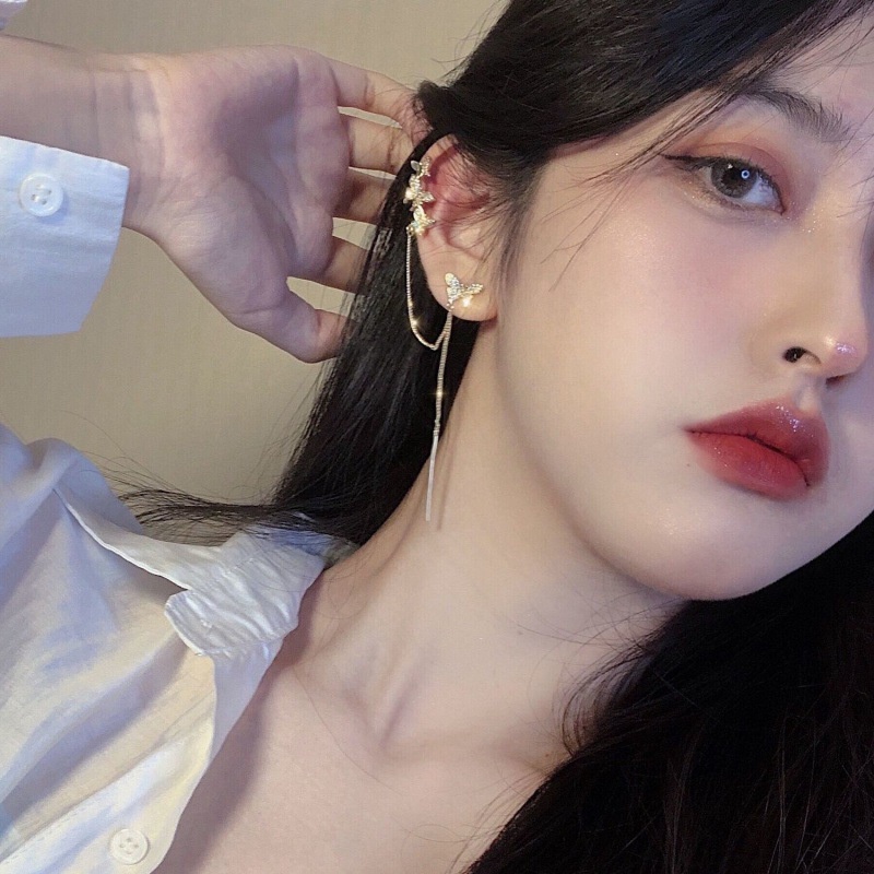 Anting Klip Rumbai Kupu-Kupu Asimetris Bahan s925 silver Gaya Korea