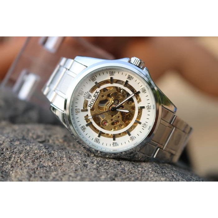JAM TANGAN PRIA ROLEX AUTOMATIC SKELETON BESAR SILVER (WHITE GOLD)