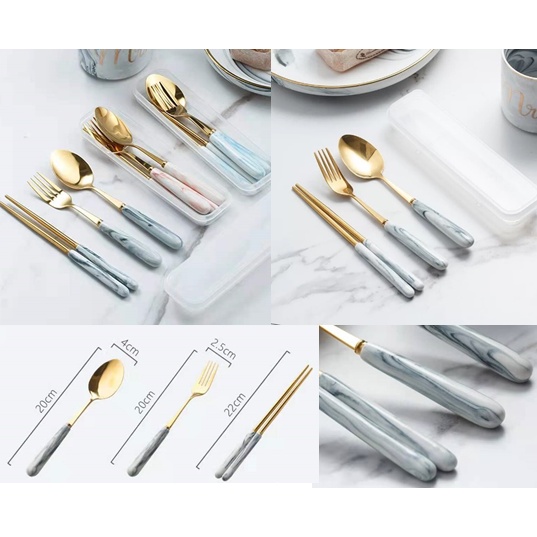 Sendok Garpu Chopsticks Peralatan Makan Set Cutlery Set Marble Gold