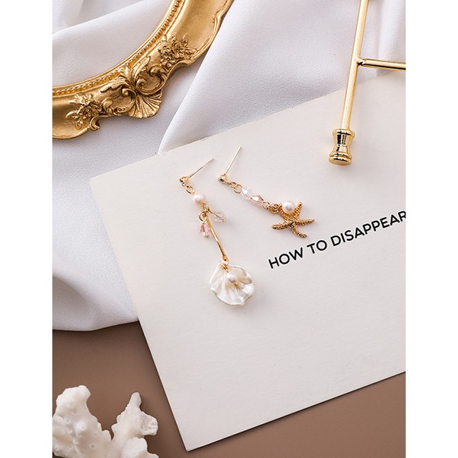 LRC Anting Tusuk Fashion Gold 925 Silver Needle Shell Starfish Asymmetric Pearl Earrings F56845