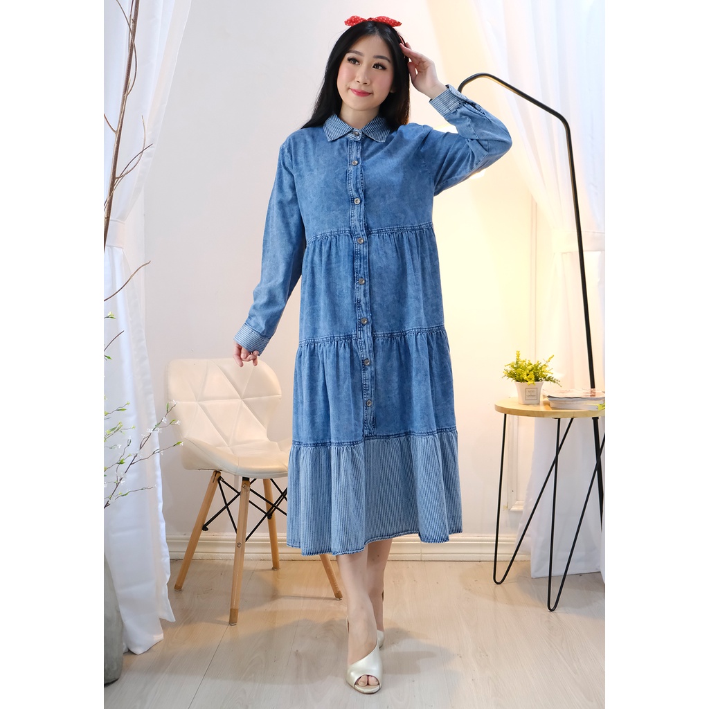 COSMOPOLITE - Midi Dress Jeans Wanita Lengan Panjang